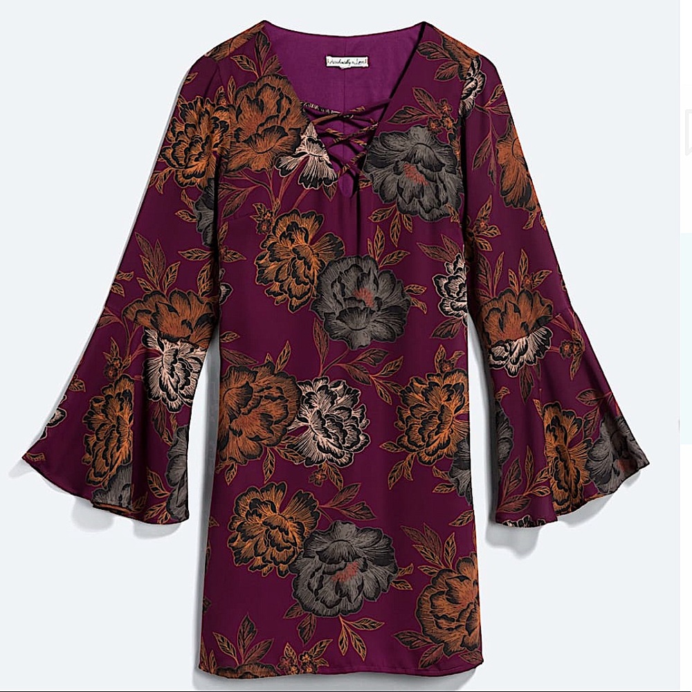Accidentally In Love Maroon Long Sleeve V-Neck Floral Dress w/ Bell Sleeves (XL)